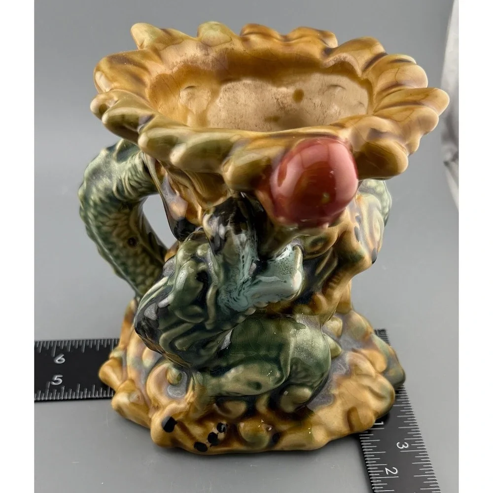 Vintage Dragon Vase Figural Art Pottery Majolica Style Green Brown Ceramic 5